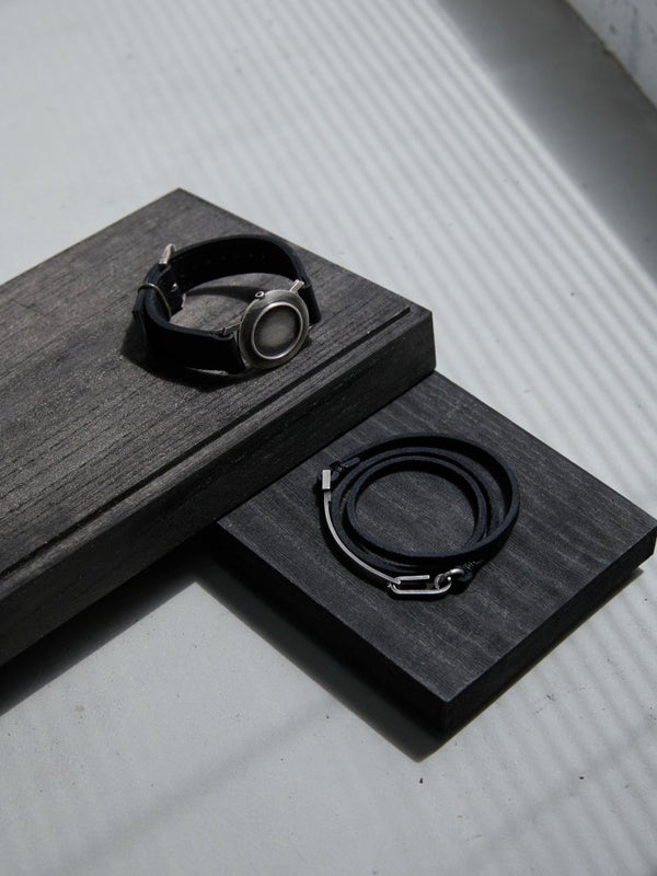 3 - layer Leather Plate Bracelet [Silver925] - PRY