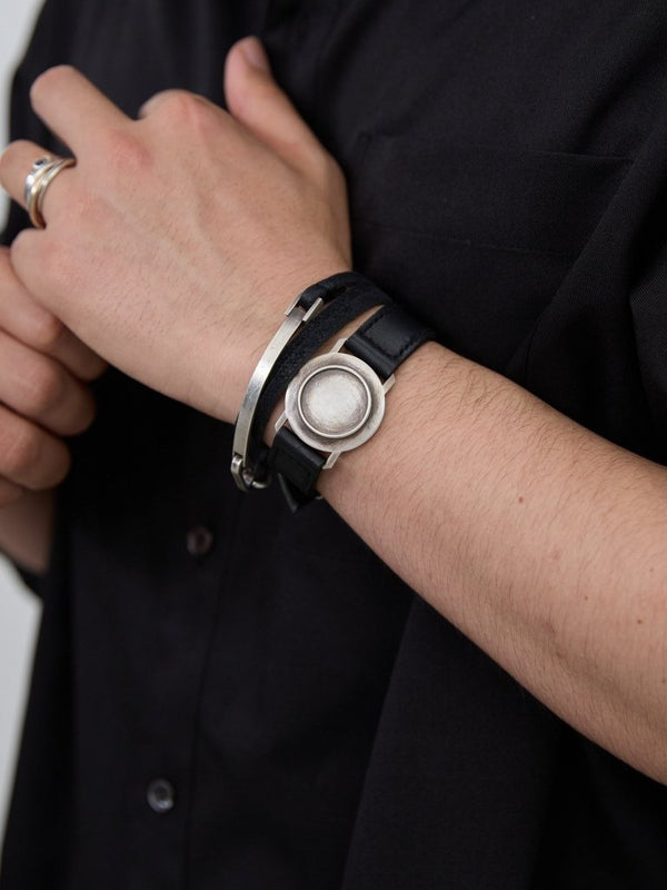 3 - layer Leather Plate Bracelet [Silver925] - PRY