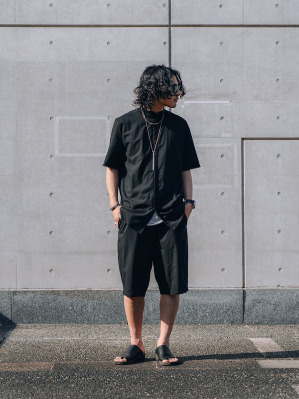 Black Modern Cut Linen Shorts [for setup]