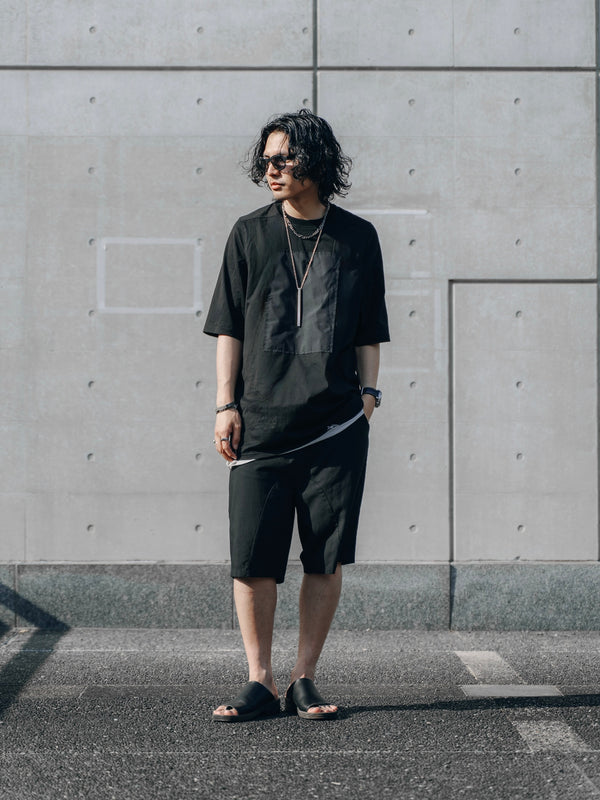 Black Modern Cut Linen Shorts [for setup]