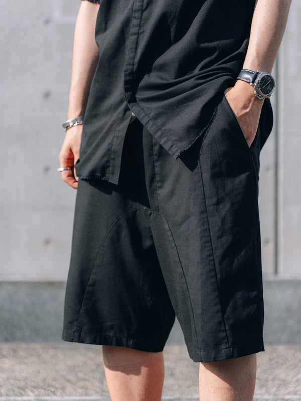 【アーカイブ販売】Black Modern Cut Linen Shorts [for setup] - PRY