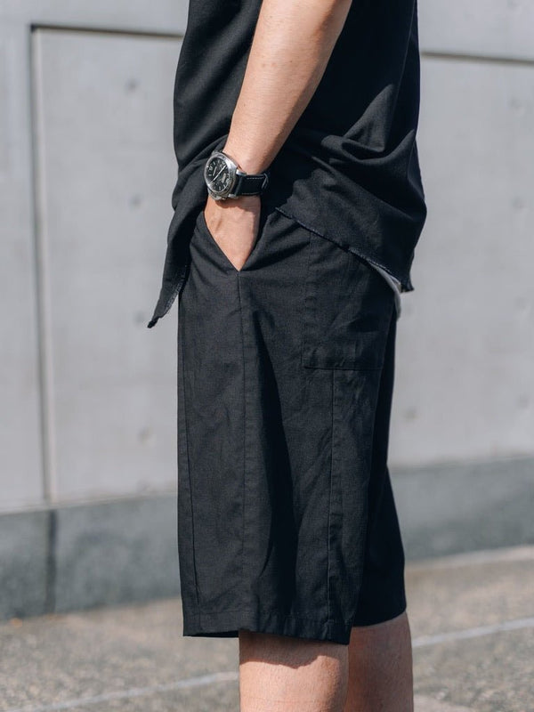 【アーカイブ販売】Black Modern Cut Linen Shorts [for setup] - PRY