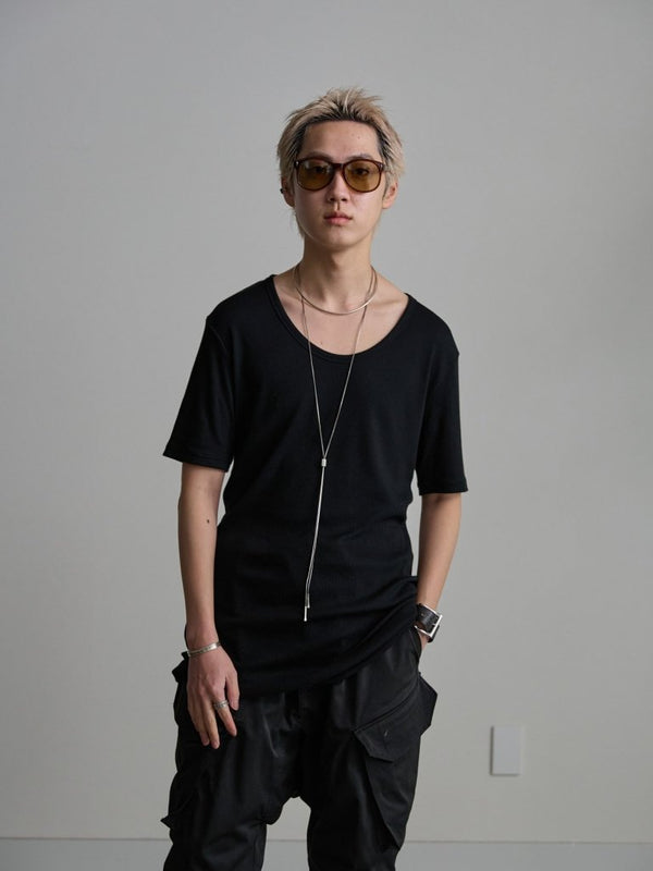 Modal Cotton Layered U - neck T-shirt【BLACK】 - PRY