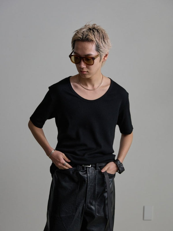 Modal Cotton Layered U - neck T-shirt【BLACK】 - PRY