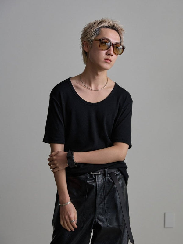 Modal Cotton Layered U - neck T-shirt【BLACK】 - PRY