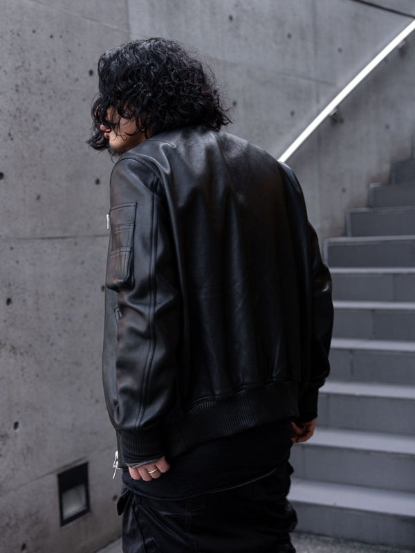 Tailored Leather Bomber Jacket (B-15 MOD.)【Black】 - PRY