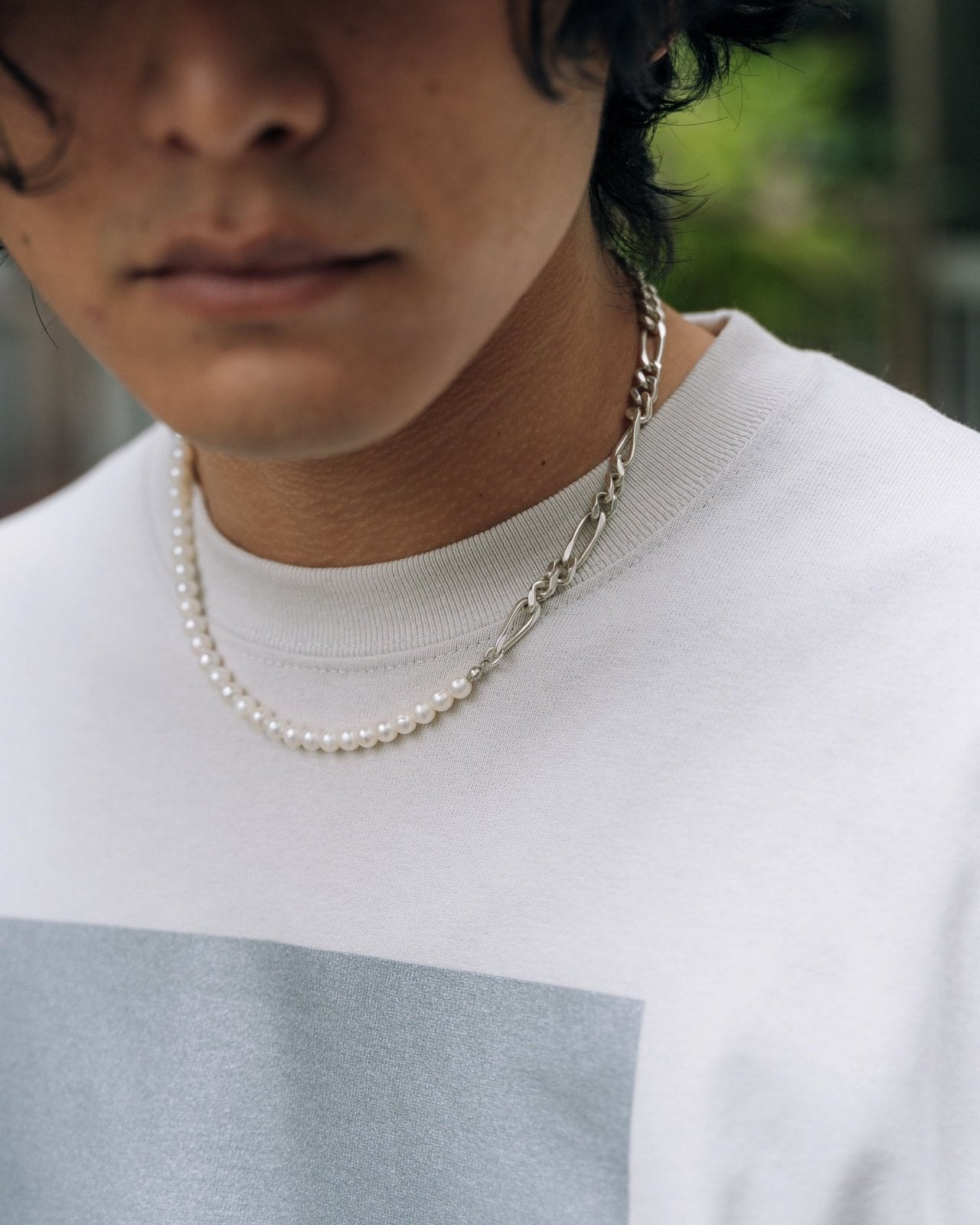 PRY Silver \u0026 White Pearl Chain Necklace天然パール